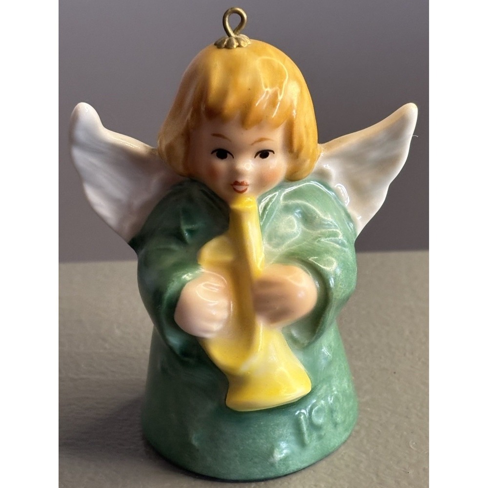 Vintage 1985 Goebel Angel Bell with Horn Christmas Tree Ornament Green Dress